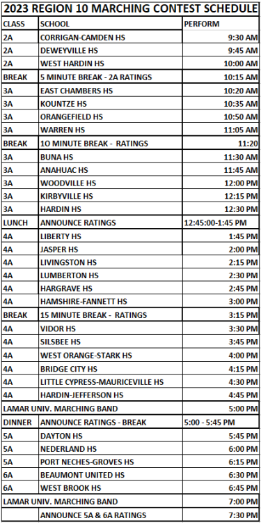 2023 UIL Region 10 Marching Schedule.png